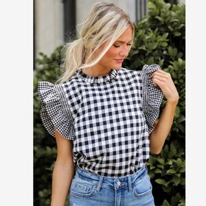 Black and White Gingham Patterned Ruffle Sleeve Tank Top Blouse Size M